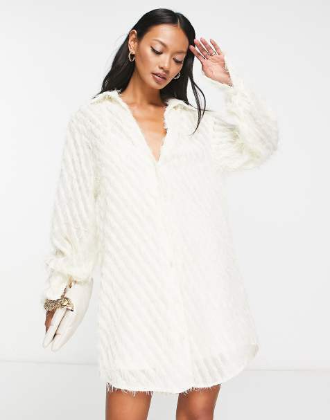 ASOS DESIGN slouchy shirt mini dress in fluffy textured fabric in white - view 1