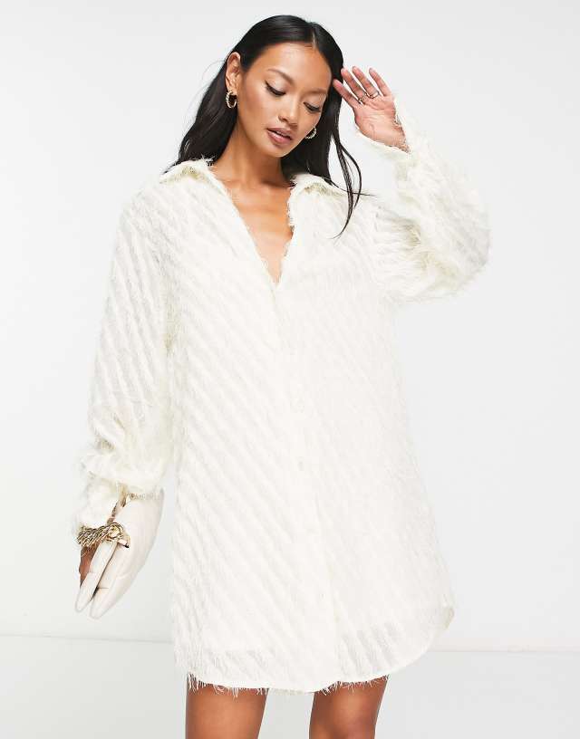 ASOS DESIGN slouchy shirt mini dress in fluffy textured fabric in white