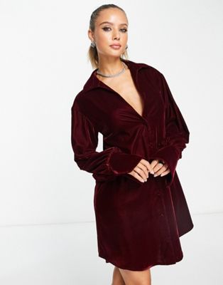 Asos Design Slouchy Shirt Mini Dress In Wine Velvet-red
