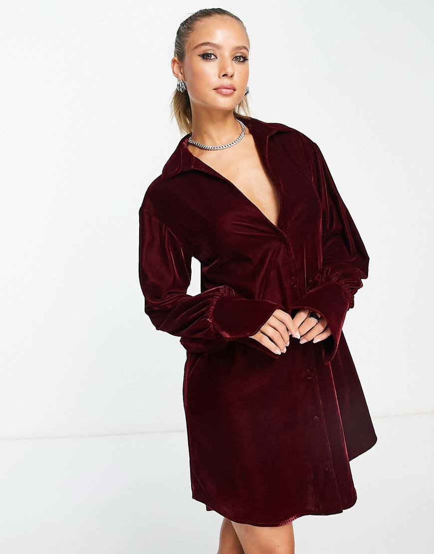 ASOS DESIGN slouchy shirt mini dress in wine velvet-Red
