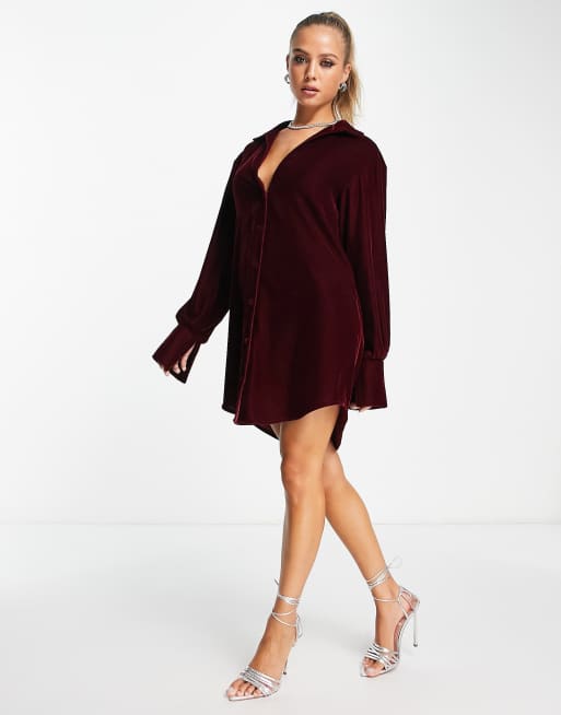 ASOS DESIGN slouchy shirt mini dress in wine velvet