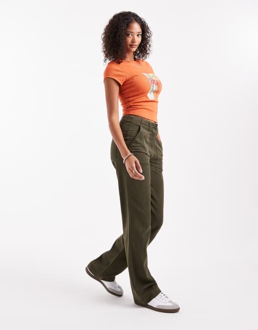 ASOS DESIGN slouchy slit front straight leg pants in washed green