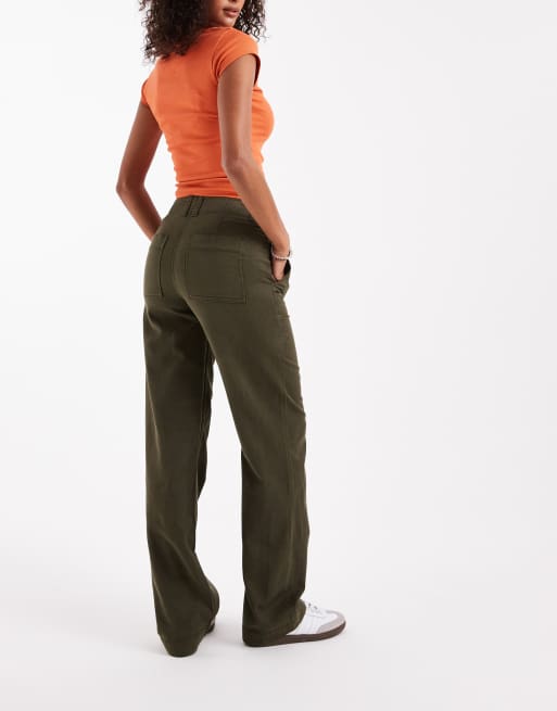 ASOS DESIGN slouchy slit front straight leg pants in washed green