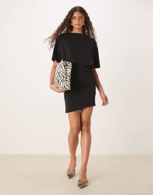 slouchy t shirt dress Ochine Women Casual Long Sleeve T Shirt Dress Waist Drawstring Mini Dress  with Pockets Crew Neck Slouchy Bodycon Dress, S-XL