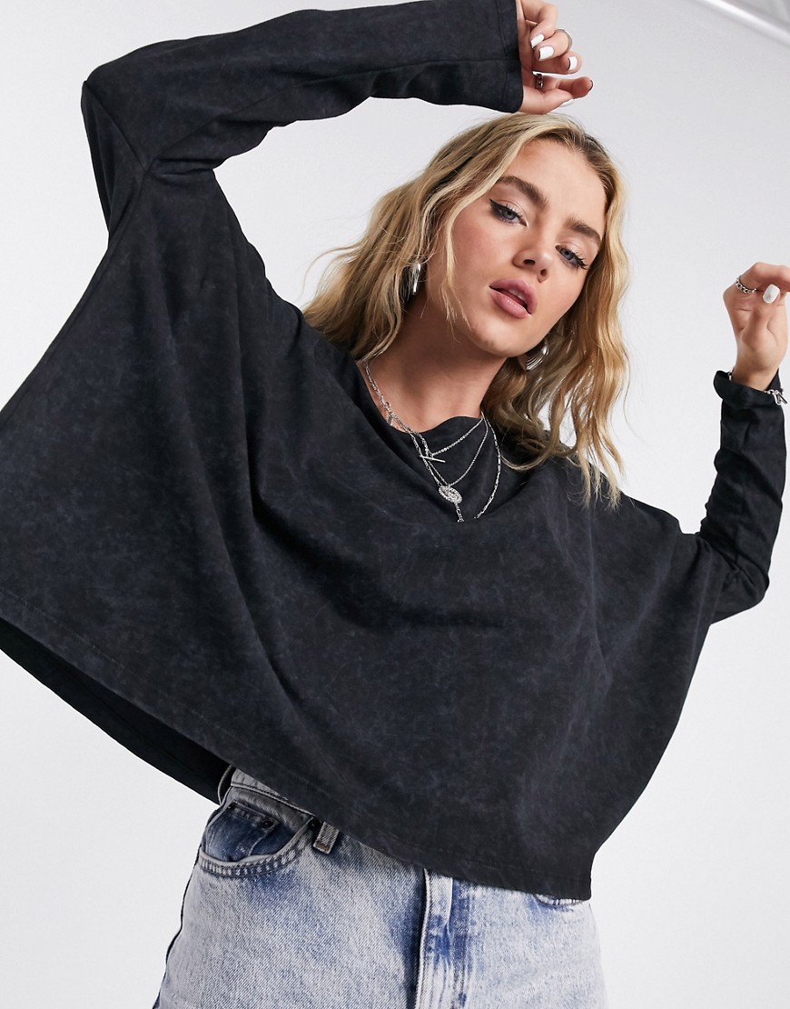 Asos Design Slouchy Top With Batwing Sleeve In Washed Black-grey