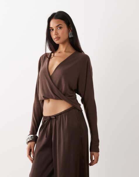 ASOS DESIGN slouchy twist front top in chocolate - view 1