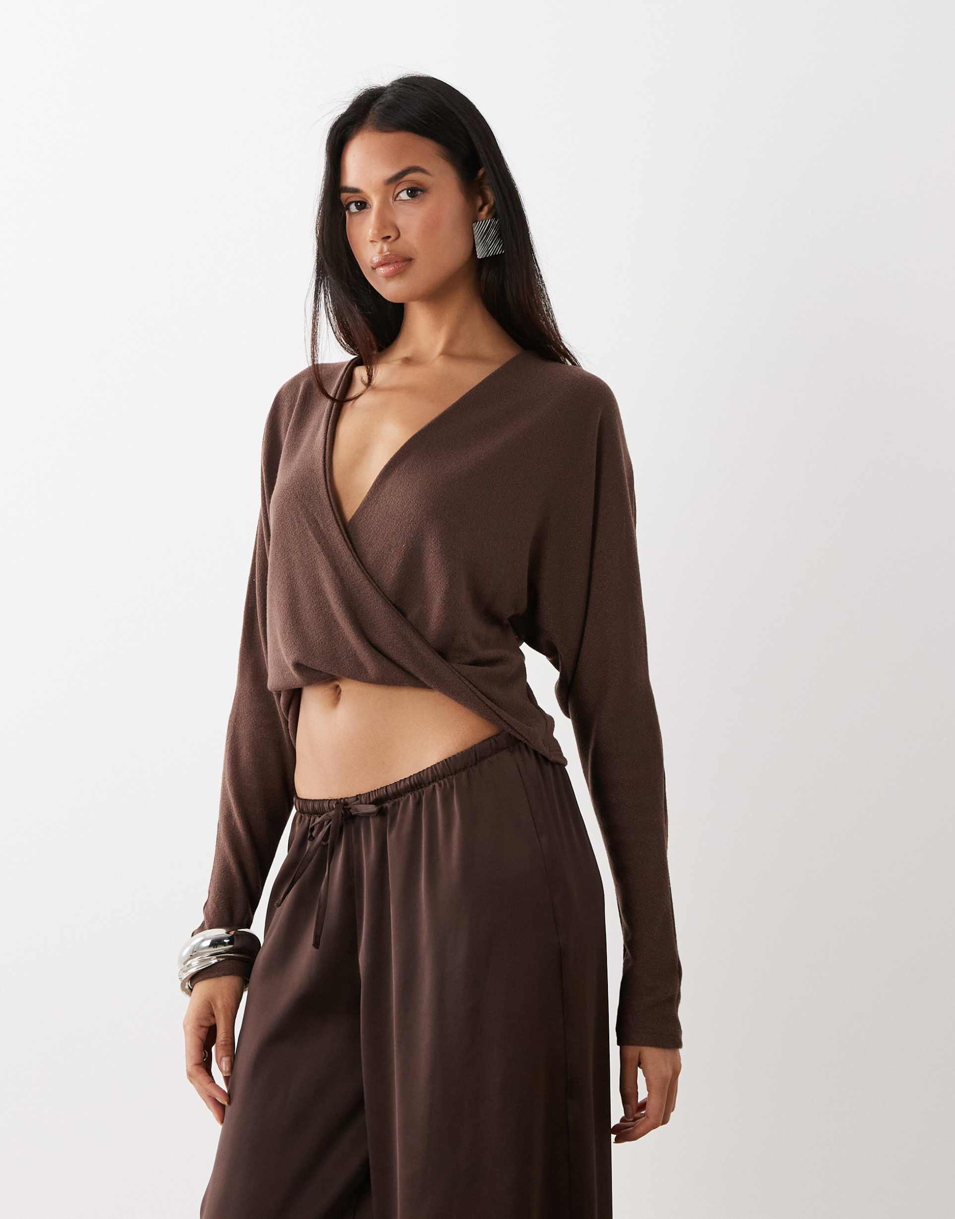 asos design slouchy twist front top in chocolate