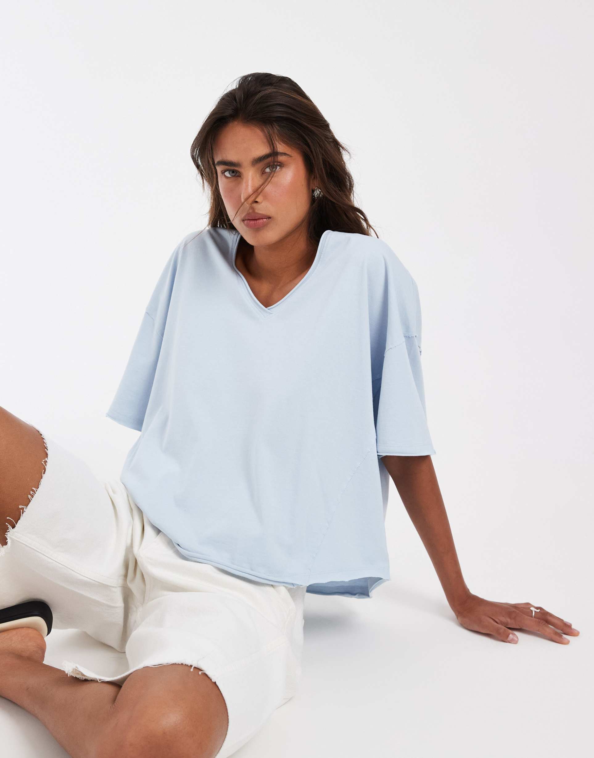 asos design slouchy v-neck t-shirt in baby blue