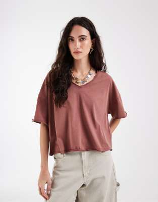 Asos Design Slouchy V Neck T-shirt Washed Rose-pink In Brown