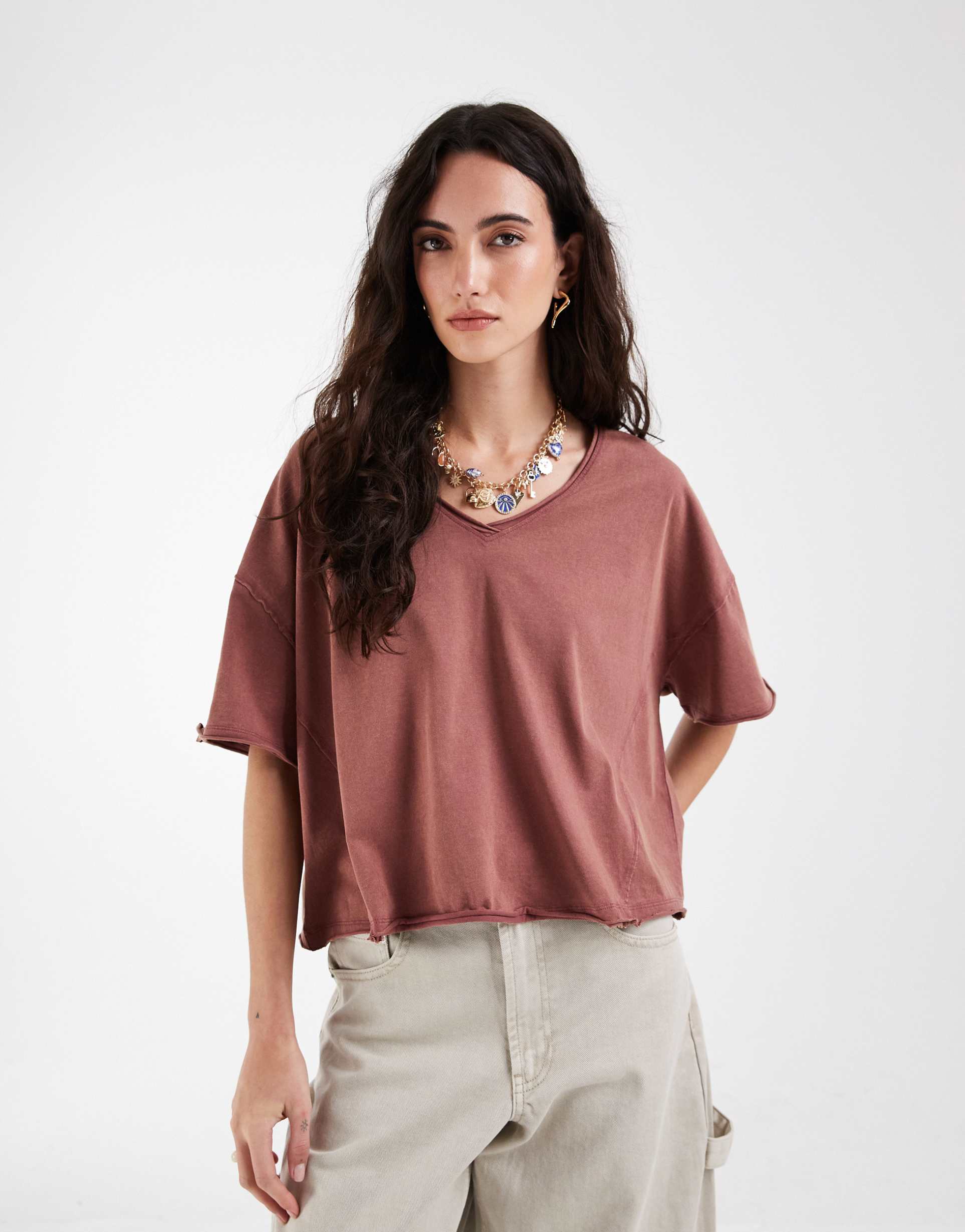 asos design slouchy v neck t-shirt washed rose