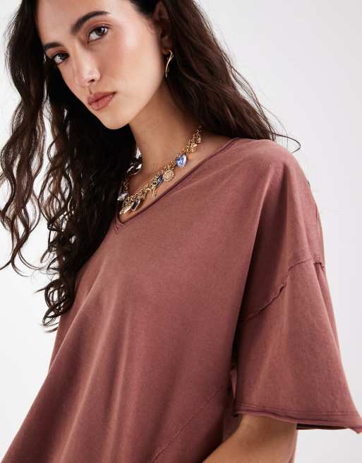 ASOS DESIGN slouchy v-neck t-shirt washed rose, 3 of 4