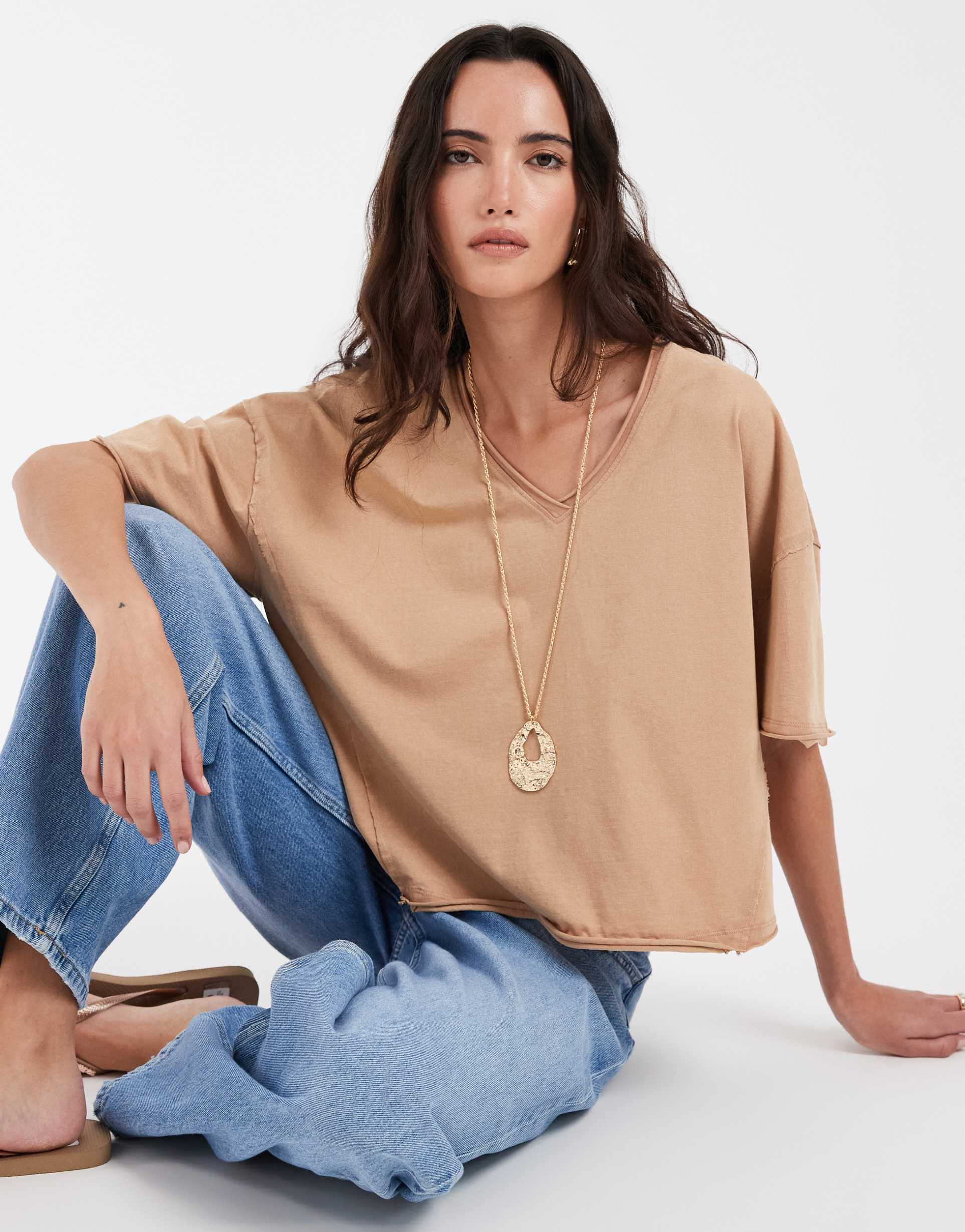 asos design slouchy v neck t-shirt washed tan