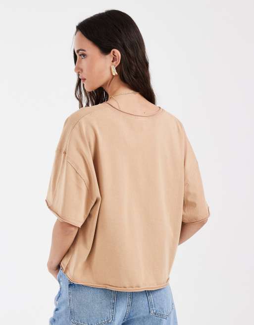 ASOS DESIGN slouchy v neck t-shirt washed tan, 4 of 4
