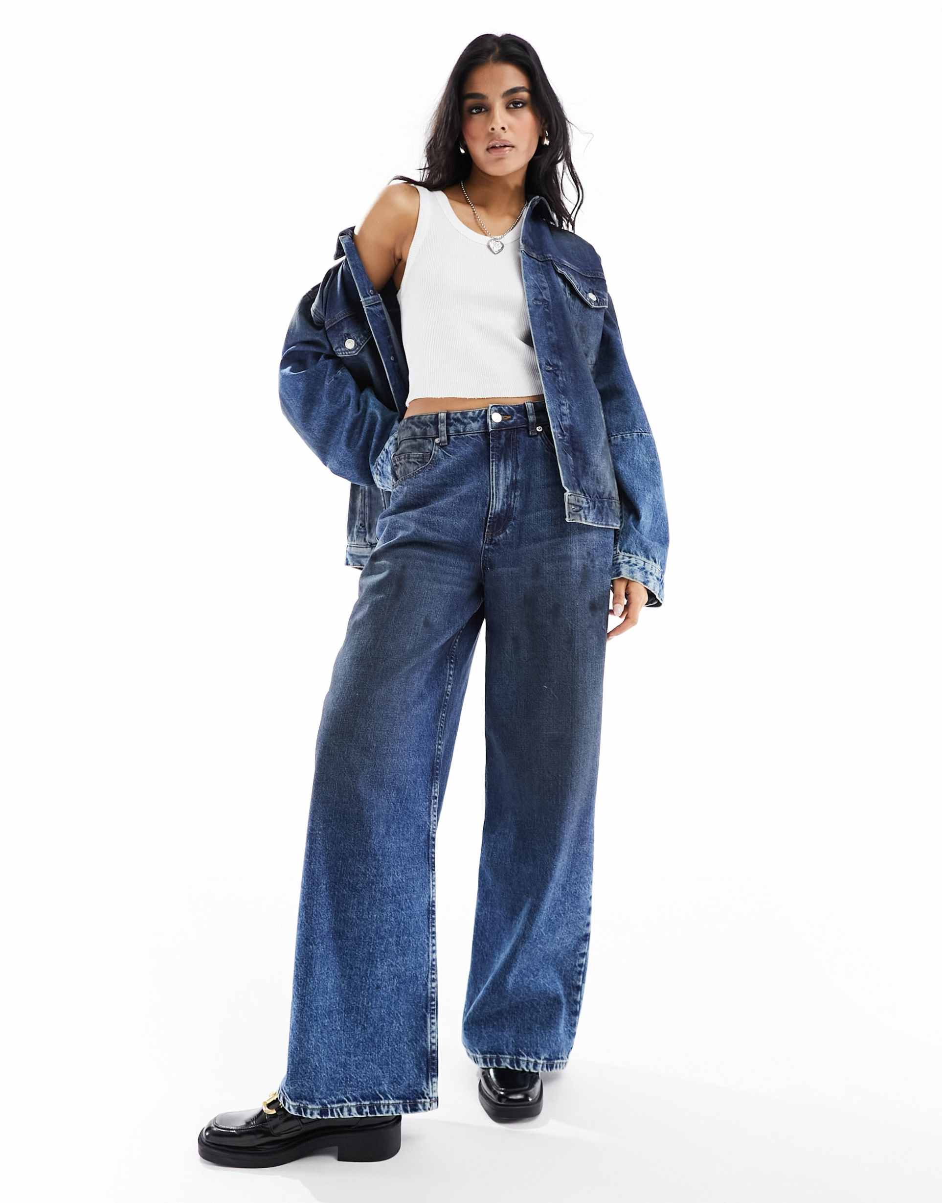 asos design slouchy wide leg jeans in dark vintage wash - part of a set