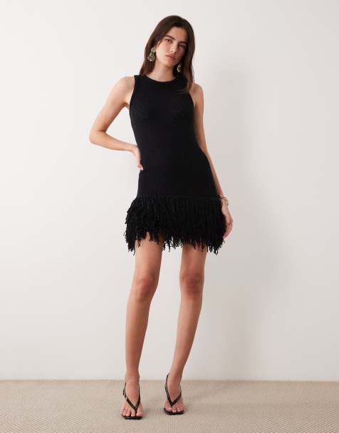 ASOS DESIGN slub fringed mini dress in black