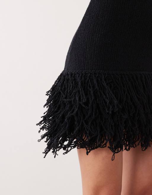 ASOS DESIGN slub fringed mini dress in black, 3 of 4