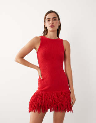 ASOS DESIGN slub fringed mini dress in red