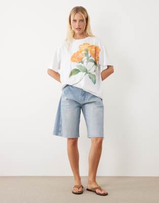 Asos Design Slub Jersey Oversized T-shirt With Orange Flower Print In White