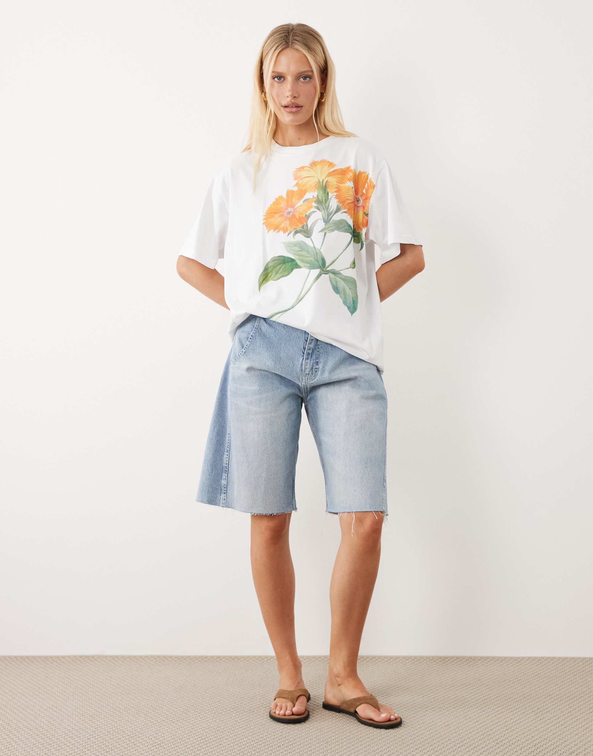 asos design slub jersey oversized t-shirt with orange flower print in white