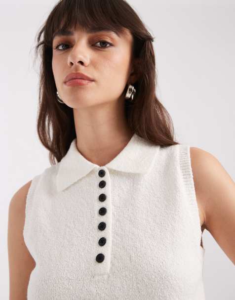 ASOS DESIGN slub knit collared tank in cream - view 1