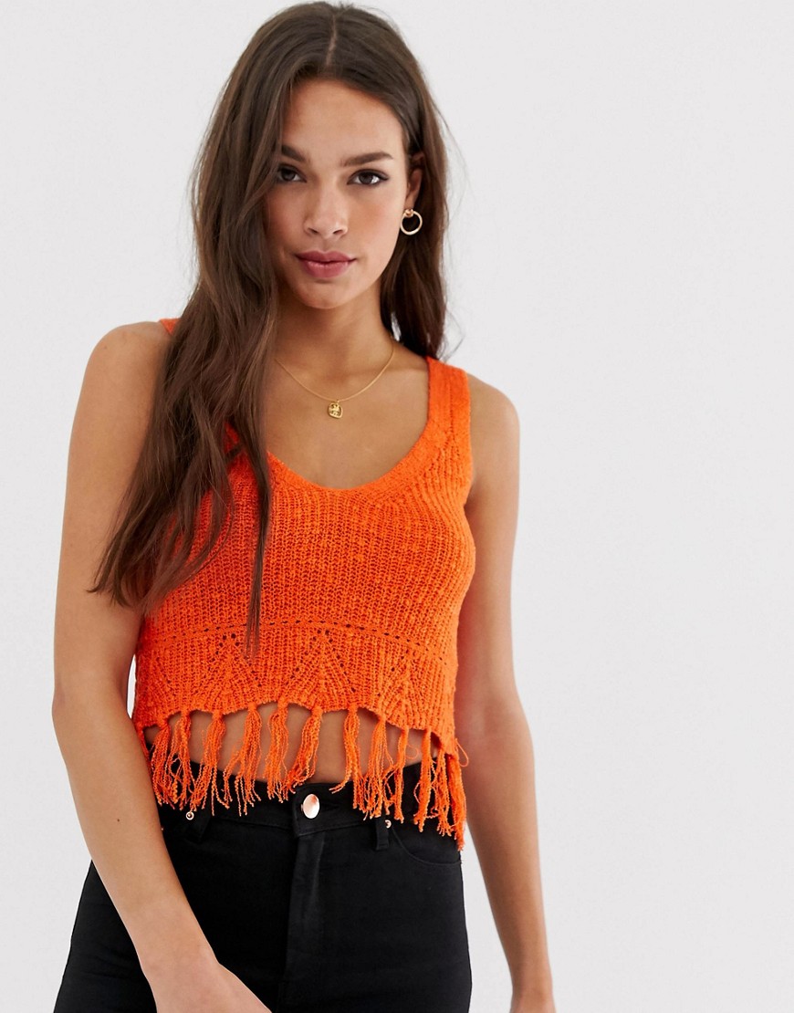 ASOS DESIGN slub knit vest with fringing-Orange