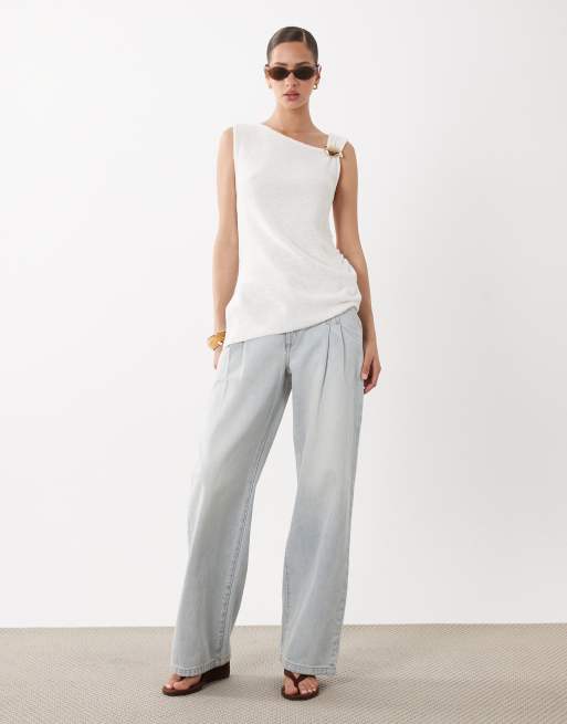 ASOS DESIGN slub raffia hardware draped top in cream, 2 of 4
