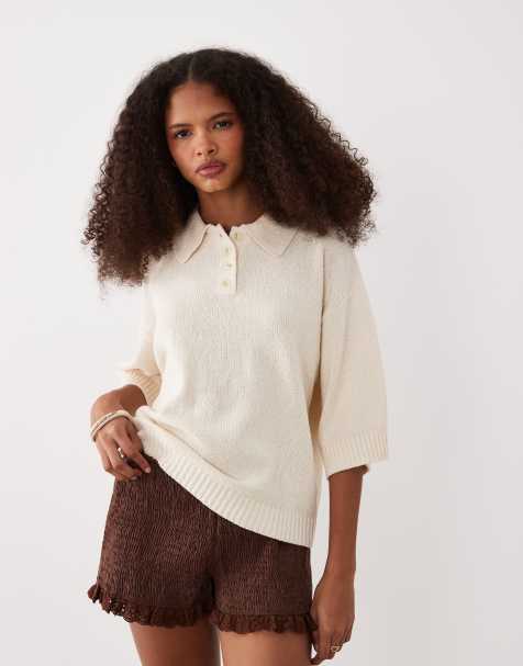 ASOS DESIGN slub short sleeve polo top in cream