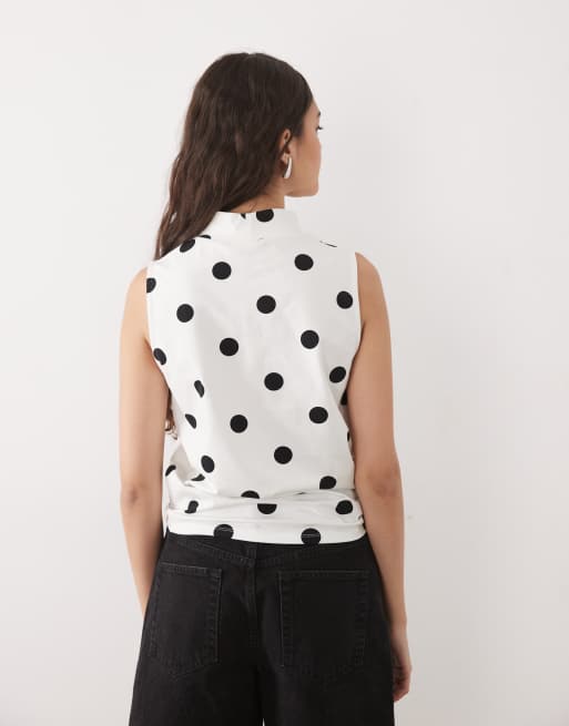 ASOS DESIGN slub sleeveless high neck top in large mono polka dot, 4 of 4