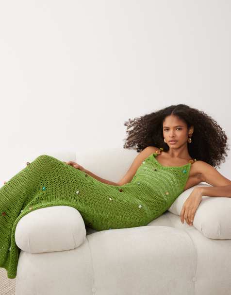 ASOS DESIGN slub stitch beaded maxi dress in sage - view 1