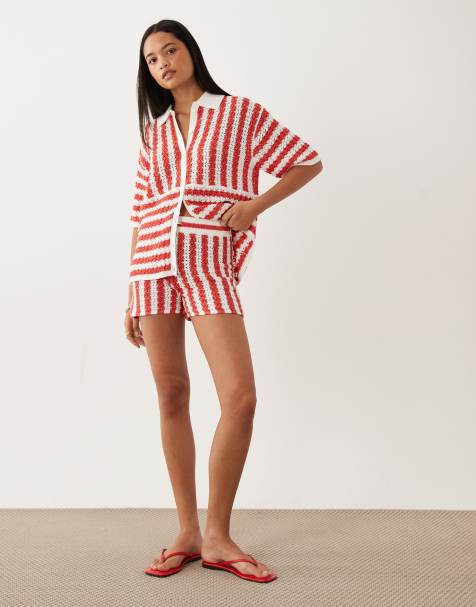 ASOS DESIGN slub striped shorts in red - part of a set - view 1