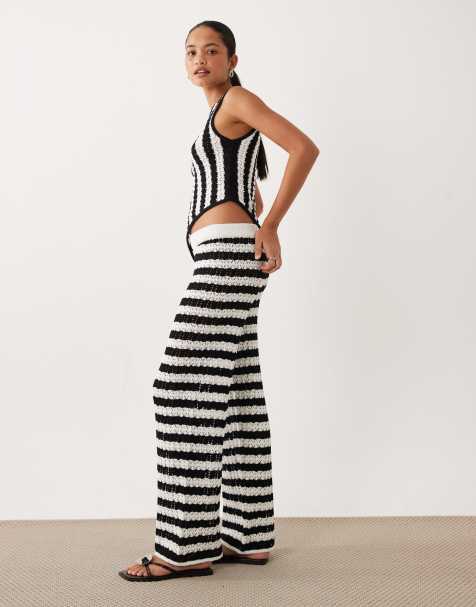 ASOS DESIGN slub striped wide leg pants in mono - part of a set - view 1
