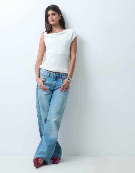 ASOS DESIGN slub yarn twist asym detail top in cream, 2 of 4