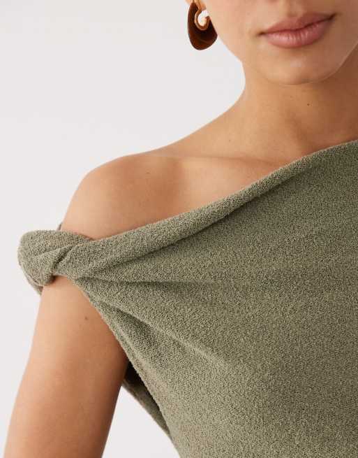 ASOS DESIGN slub yarn twist asym detail top in khaki, 2 of 4