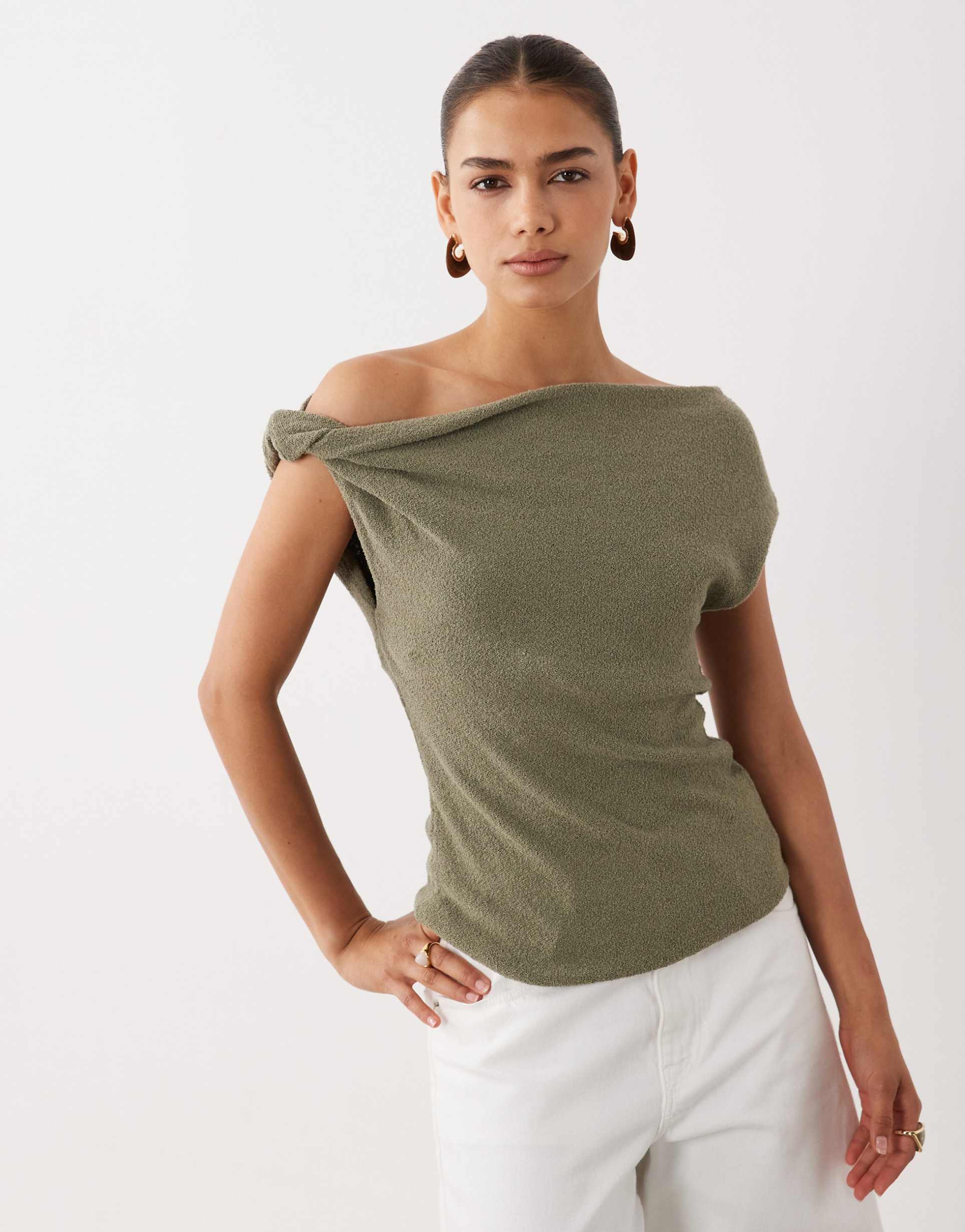 asos design slub yarn twist asymmetric detail top in khaki