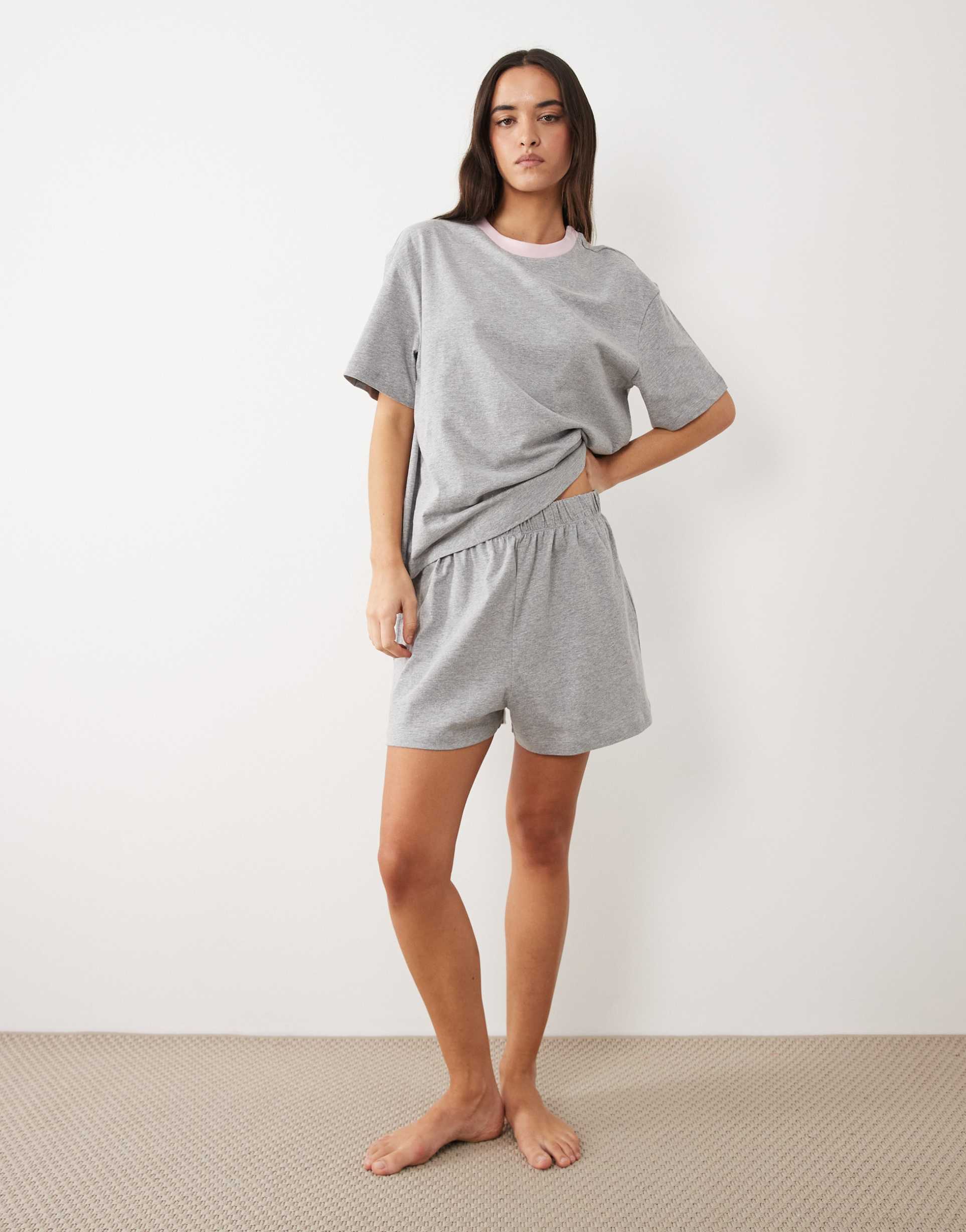 asos design slubby cotton oversized tee and shorts set with contrast neck binding in heather gray