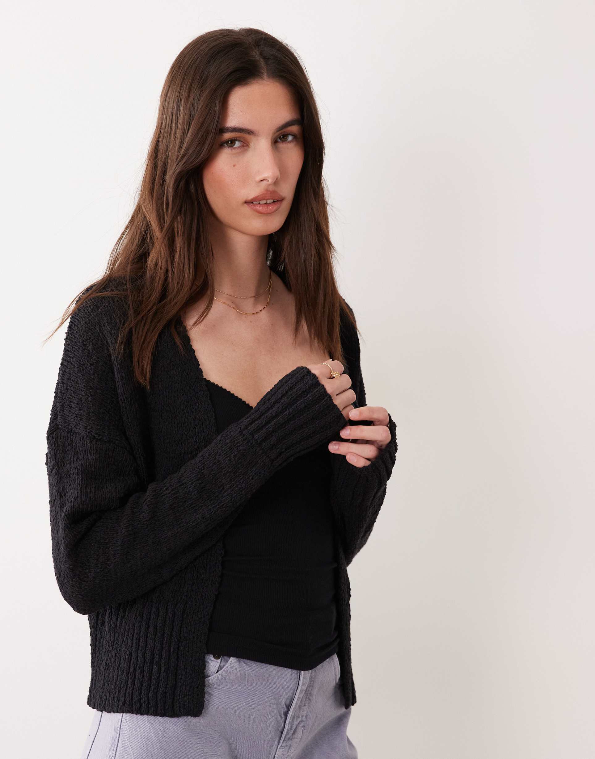 asos design slubby edge to edge cardigan in black