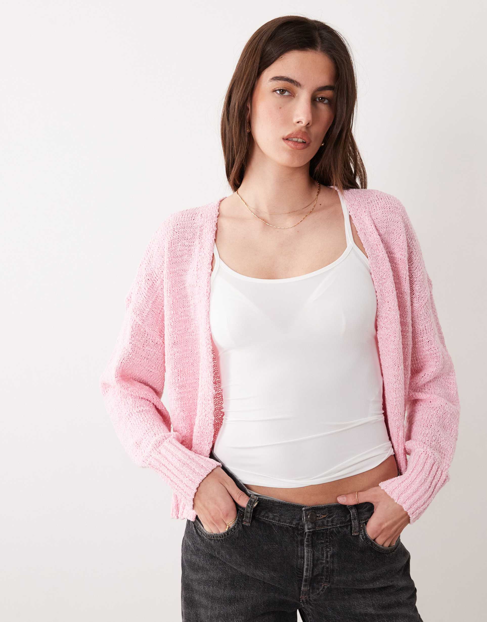 asos design slubby edge to edge cardigan in pink
