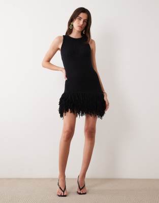 Asos Design Slubby Fringed Mini Dress In Multi