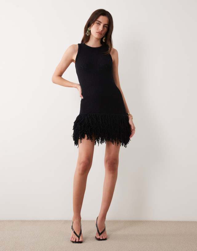 ASOS DESIGN slubby fringed mini dress in black