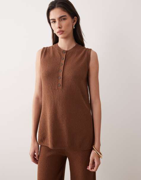 ASOS DESIGN slubby henley neck longline top in chocolate - part of a set - view 1