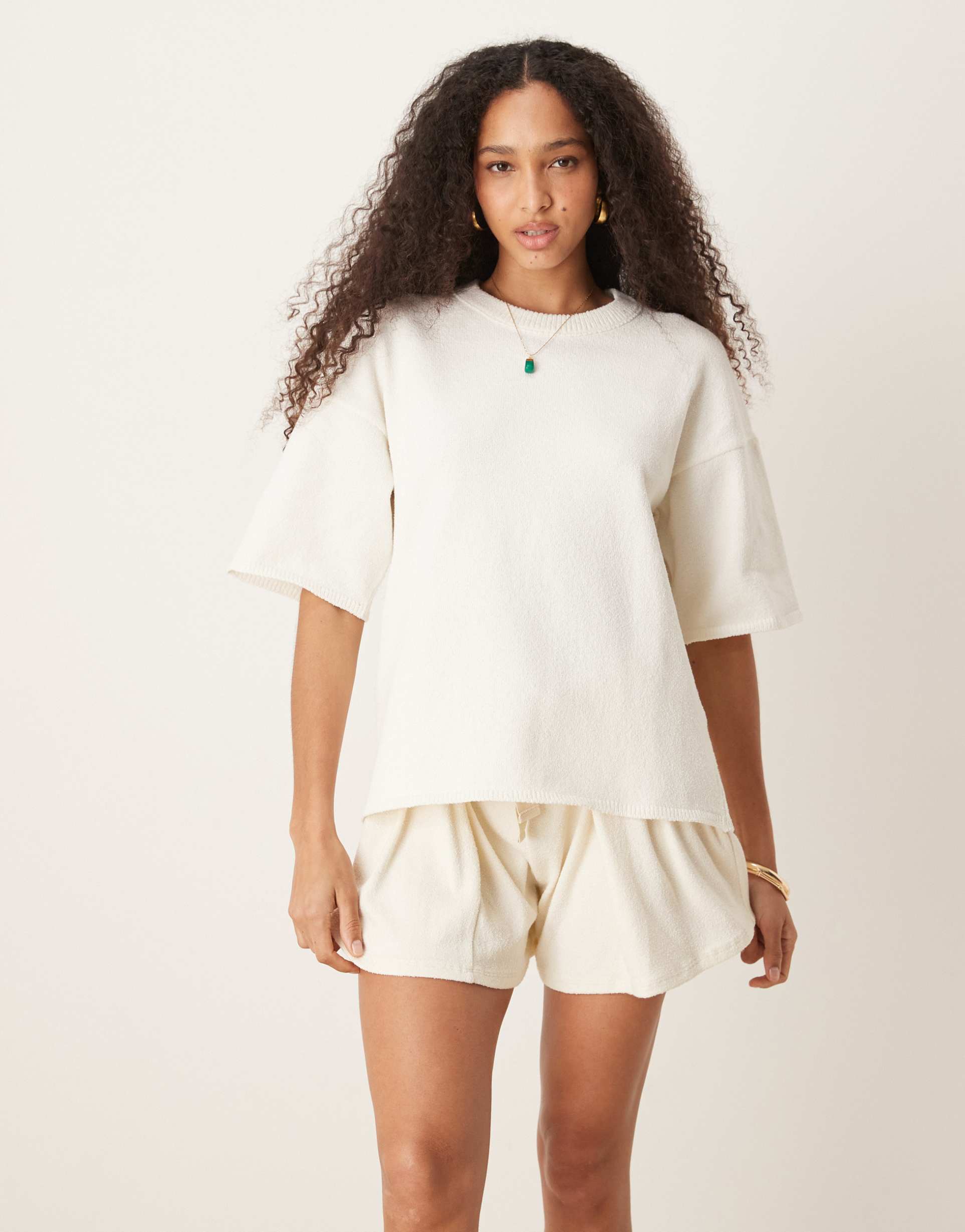 asos design slubby knit relaxed t-shirt in cream