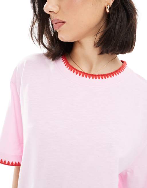 ASOS DESIGN slubby oversized t-shirt with ricrac detail in pink, 3 of 4