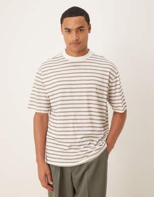 Asos Design Slubby Relaxed Fit Striped T-shirt In Neutral