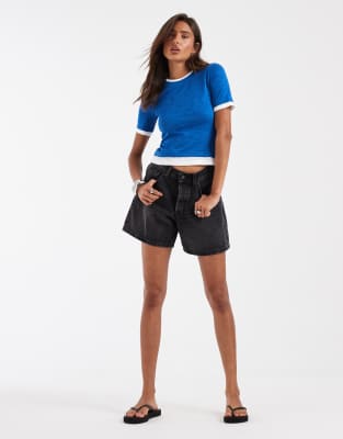 Asos Design Slubby Shrunken Tee With Mock Double Layer In Blue