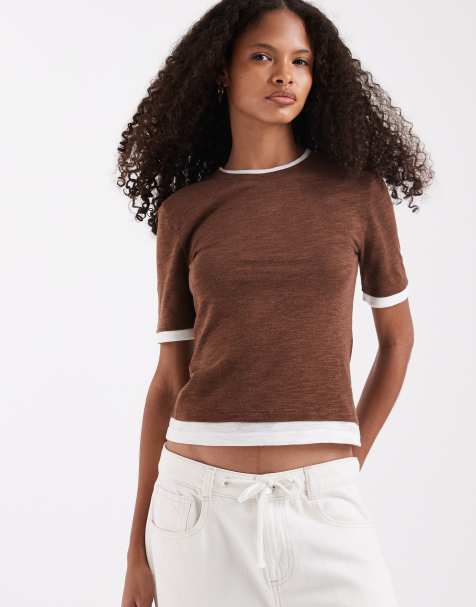 ASOS DESIGN slubby shrunken tee with mock double layer in brown - view 1
