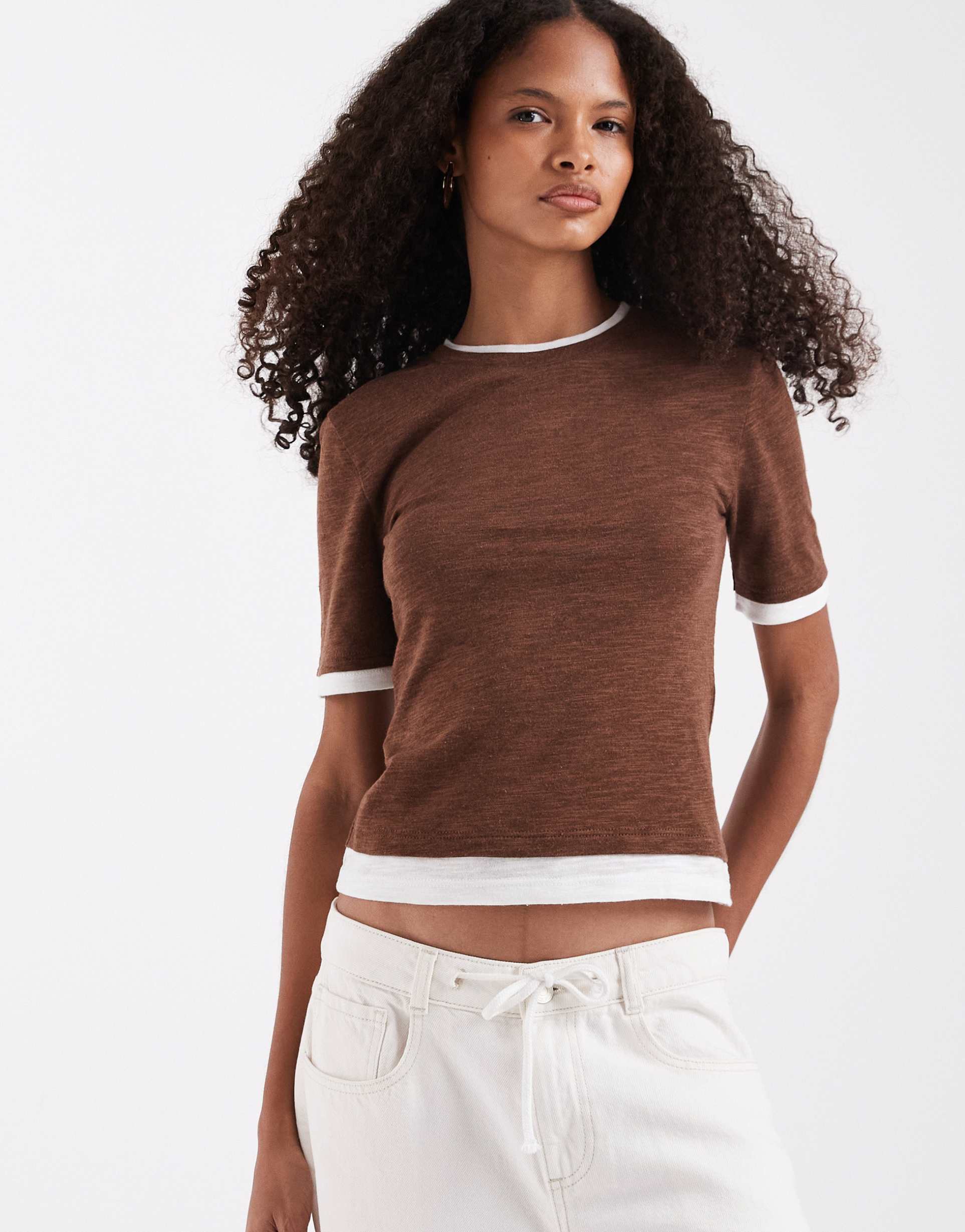 asos design slubby shrunken tee with mock double layer in brown