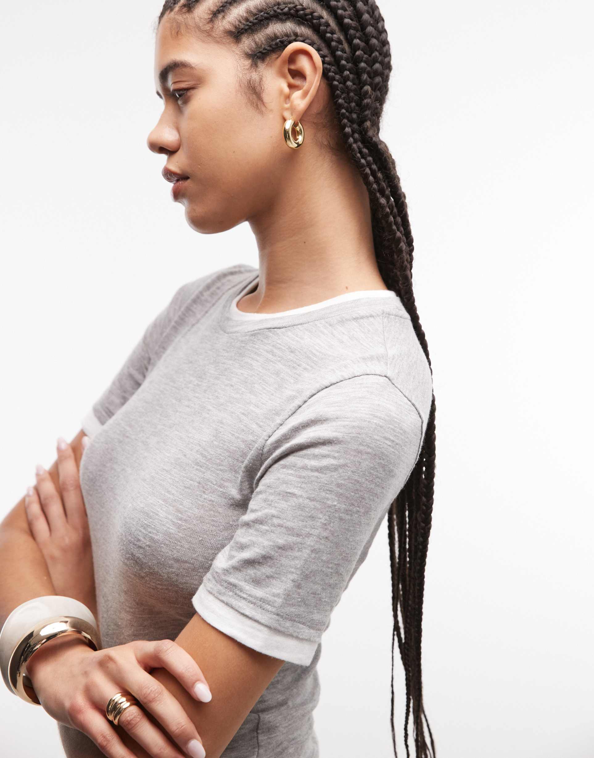 asos design slubby shrunken tee with mock double layer in gray