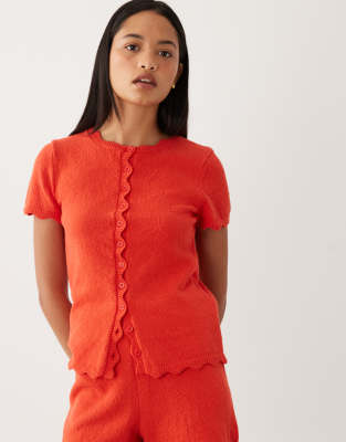 Asos Design Slubby Yarn Cardigan With Scallop Edges In Red