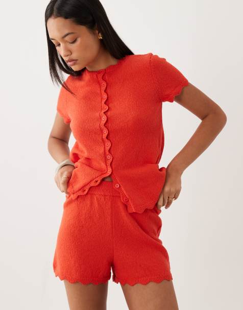 ASOS DESIGN slubby yarn shorts with scallop edges in red - part of a set - view 1