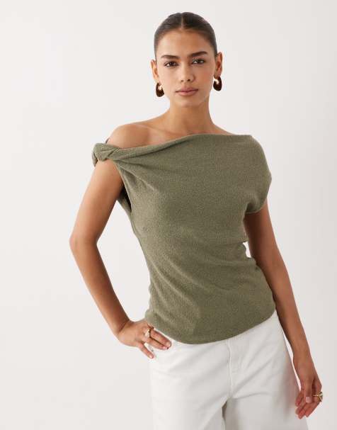 ASOS DESIGN slubgaren top met asymmetrisch detail in kaki - view 1